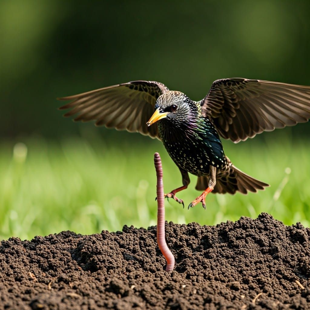 Earthworm Emerges Watched by Starling