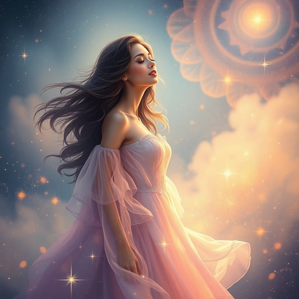 Ethereal Cosmic Goddess in Iridescent Gown Amidst Shimmering...
