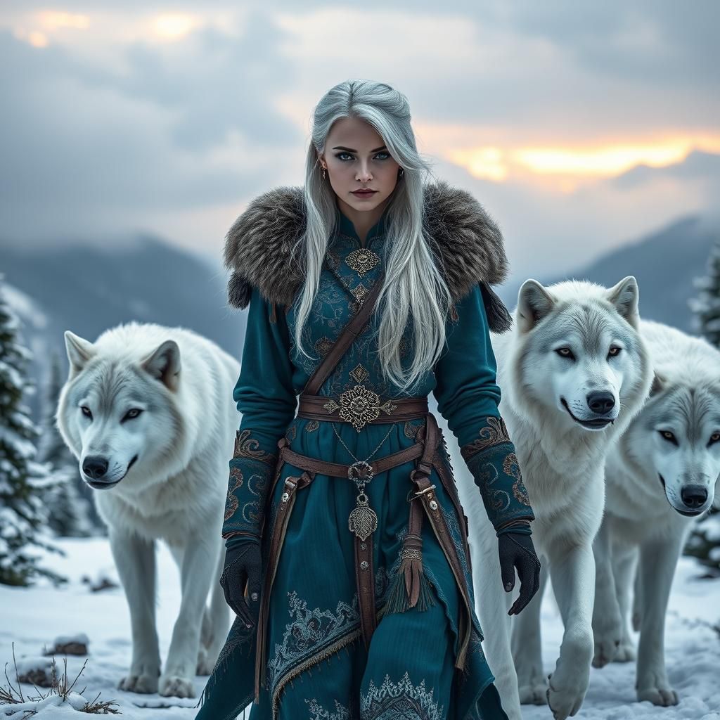 Slavic Huntress with Wolves in Winter Landscape