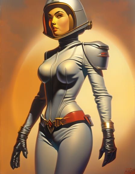 Retro Sci-Fi Female Rocketeer in Space