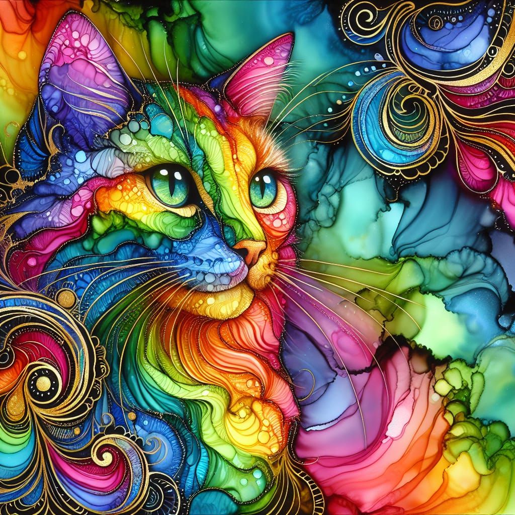 Rainbow Cat in Alcohol Ink with Golden Filigree