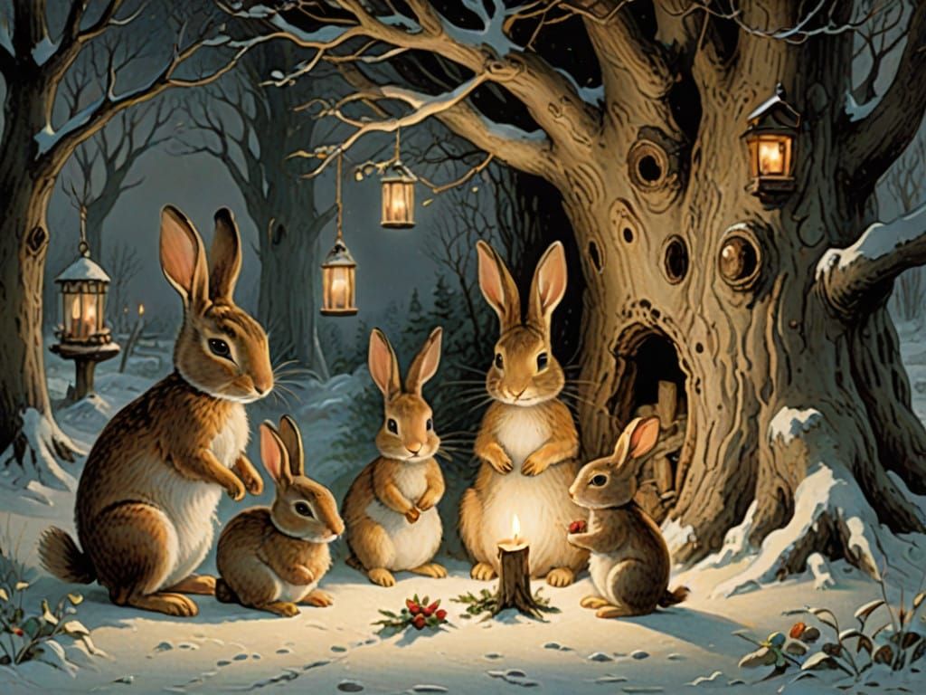 Whimsical Winter Wonderland: Cozy Rabbits in a Snowy Hollow