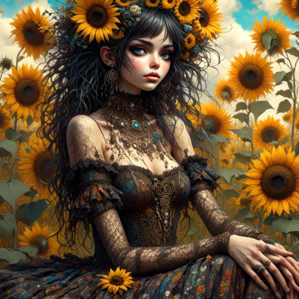 Boho Hippy Girl in Sunflower Field: Digital Art