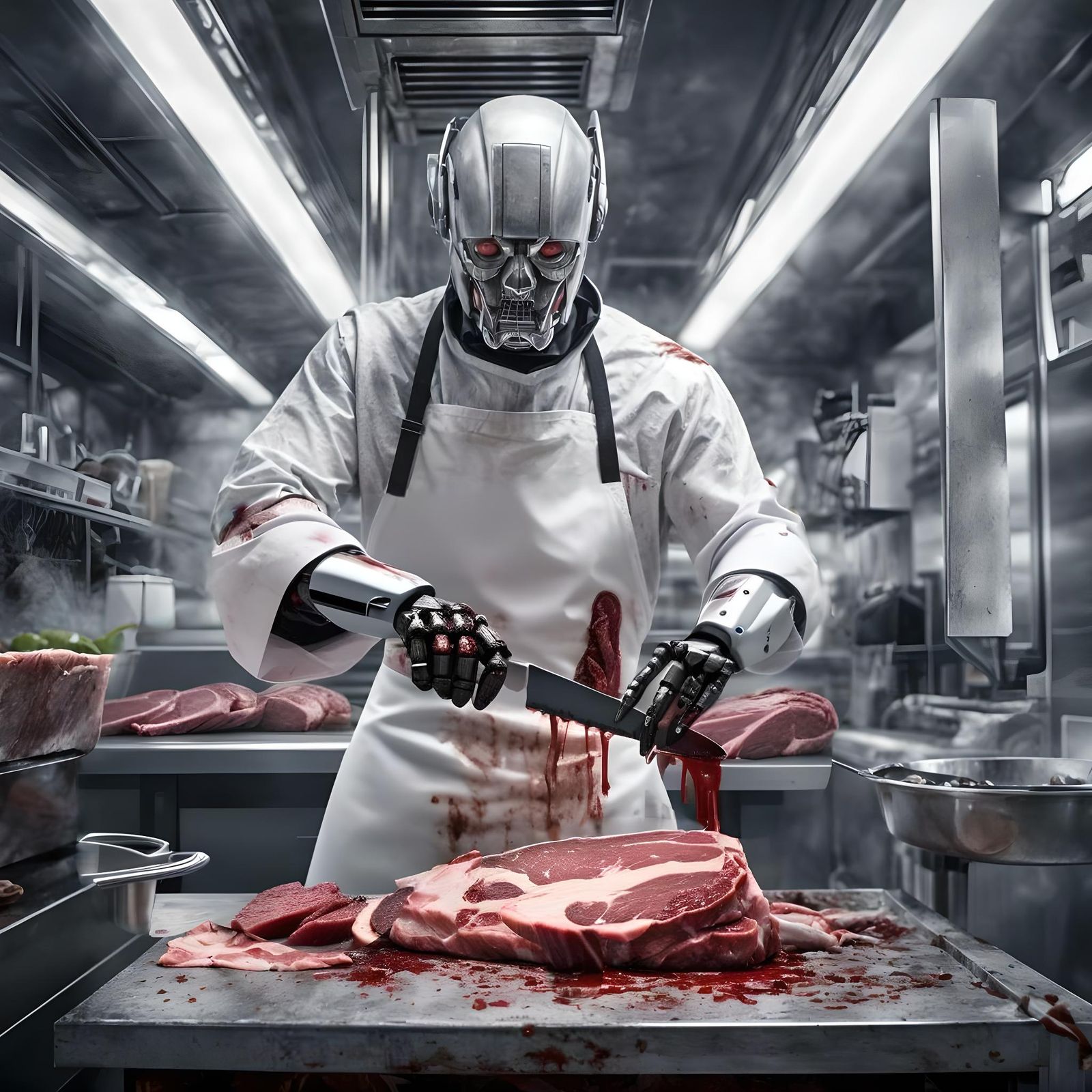 Hyperrealistic Robot Butcher in Refrigerated Chamber