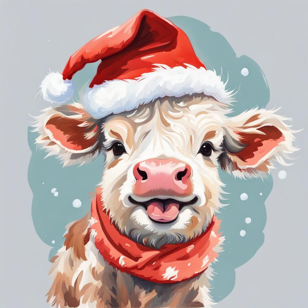 Adorable Smiling Cow with Santa Hat: Gouache Painting
