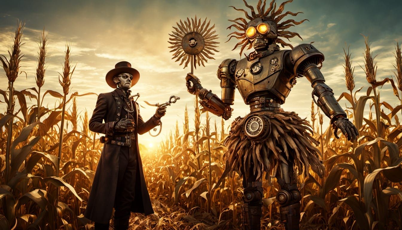Steampunk Gorgon and Scarecrow in Golden Sunlight