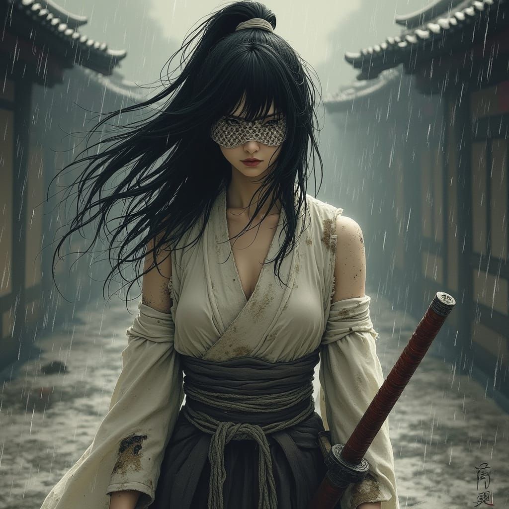 Blind Mushroom Samurai in Rain, Ink Wash Style