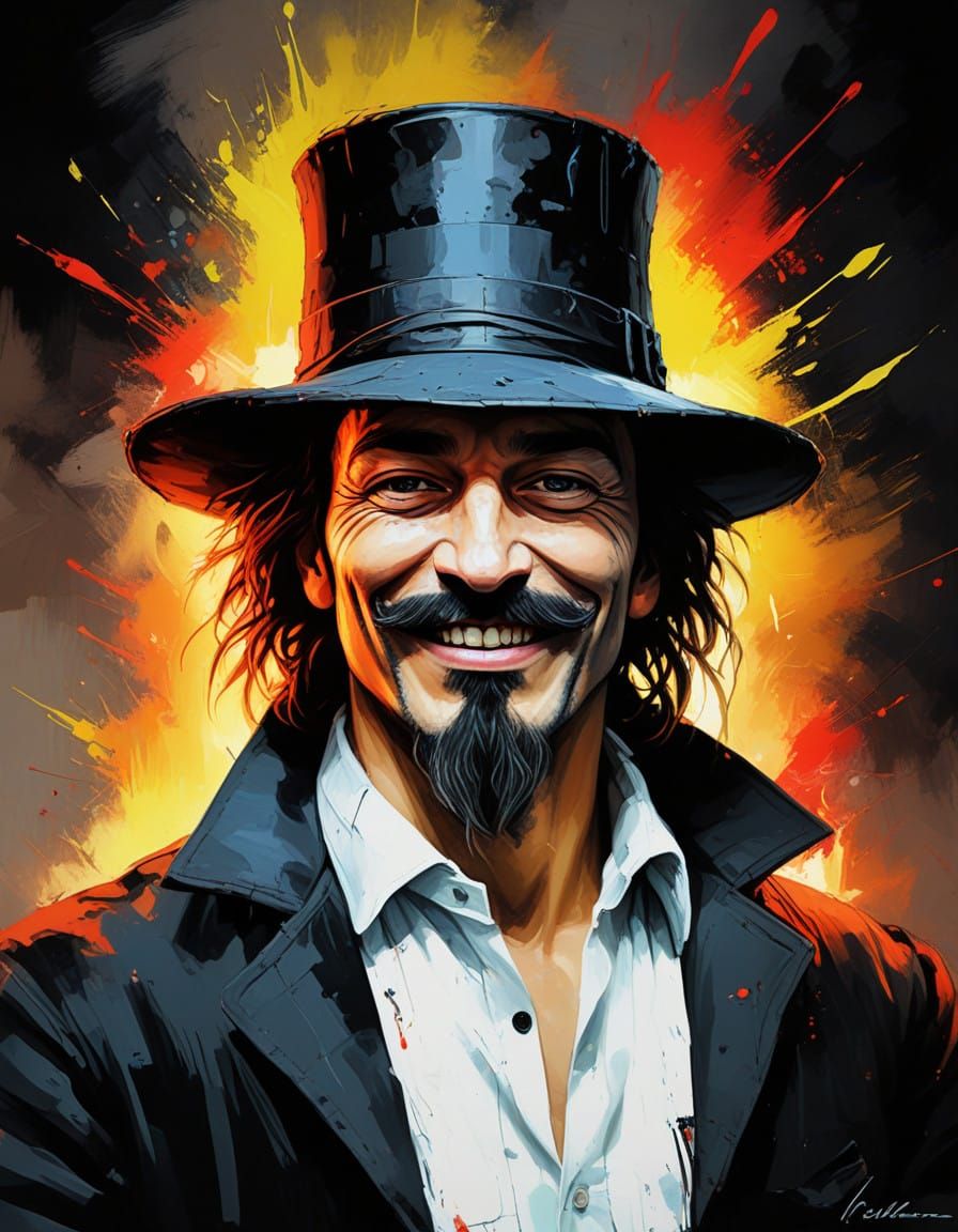 Mysterious Figure Raises Fist in Neon-Lit Oil Painting