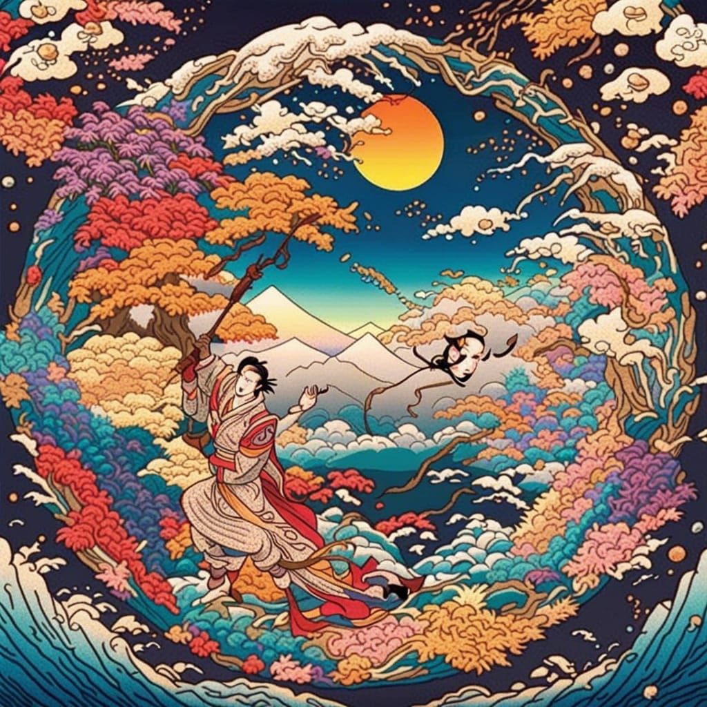 Ukiyo-e Mandala Art Made of Colorful Rice