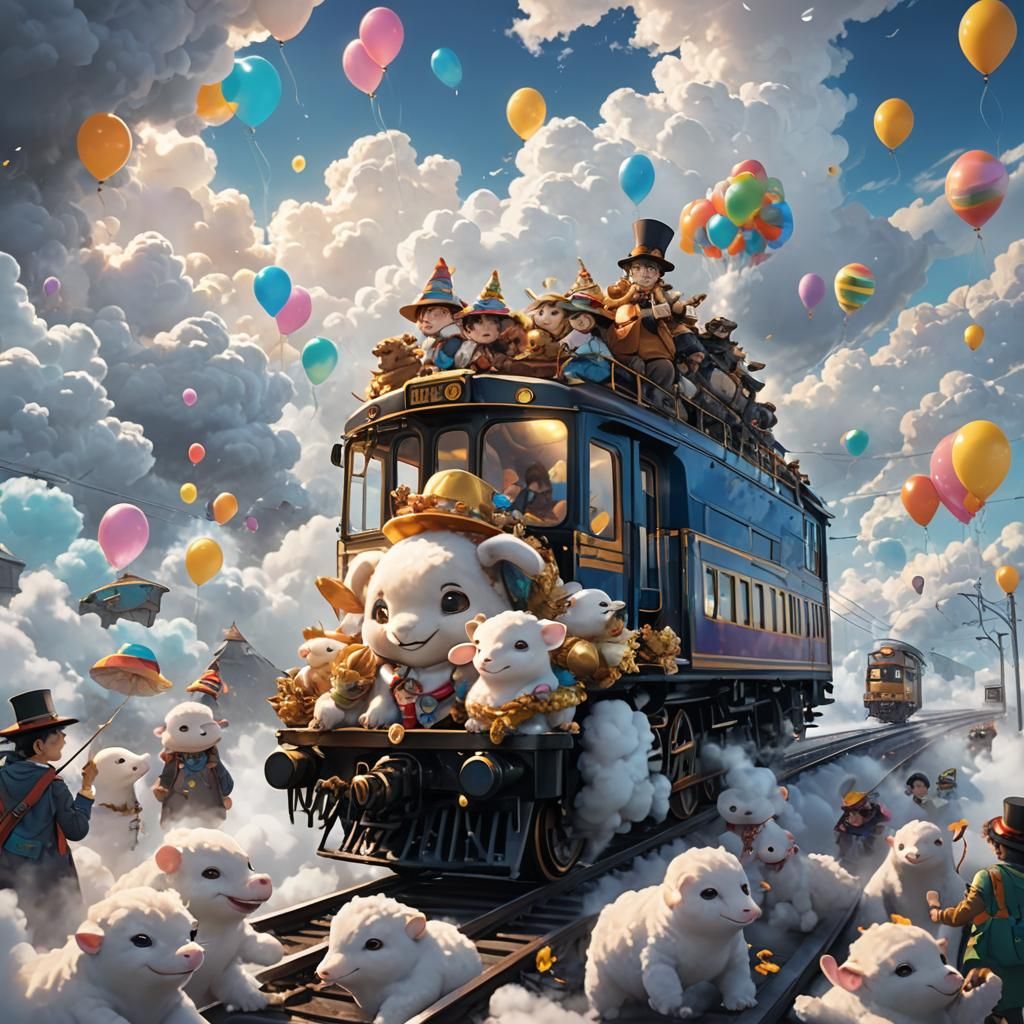 Whimsical Train Ride with Platypuses in the Clouds