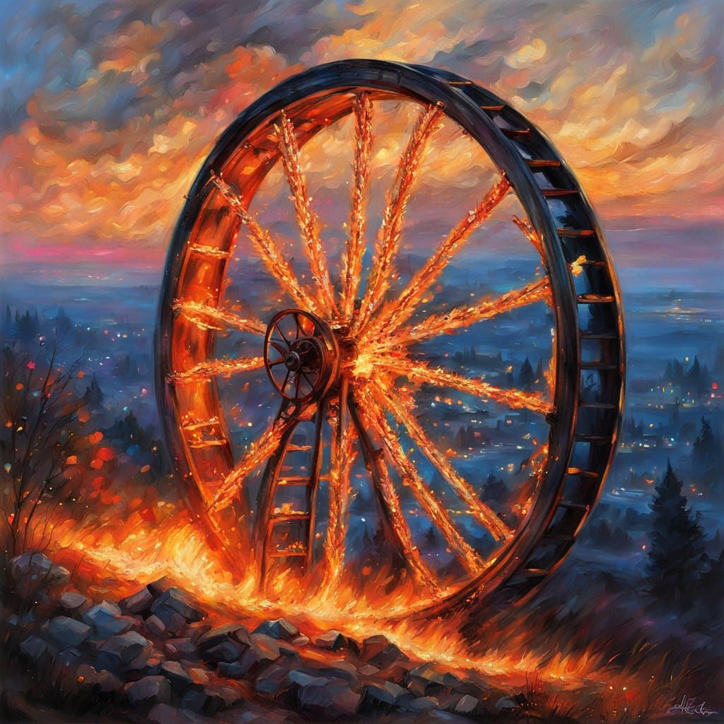 Fantasy Fire Wheel Unfolds in Blacklight Neon Evening