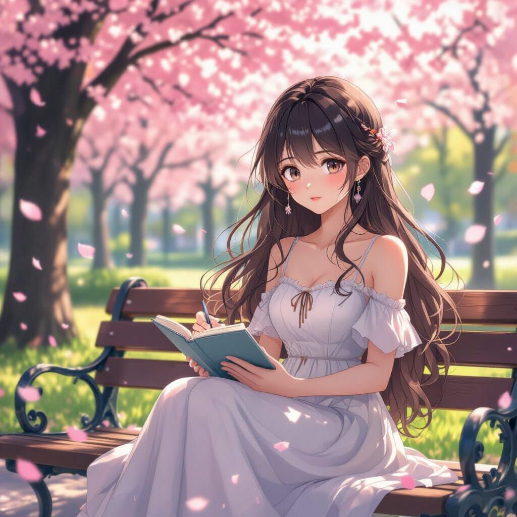 Anime Girl Sketching in Cherry Blossom Park