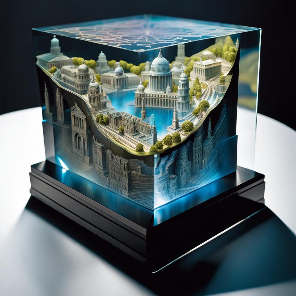 Holographic Map Inside Glass Block, Surreal 3D Render