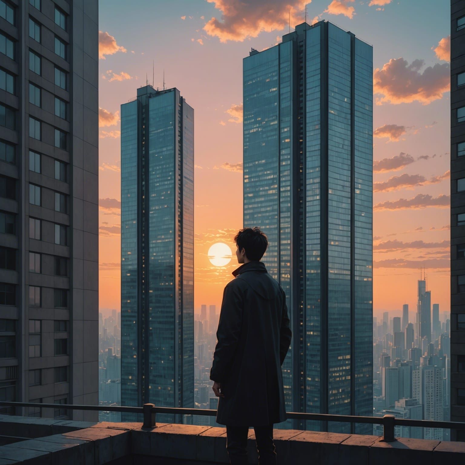 Anime-Style Figure Before Tower at Sunset