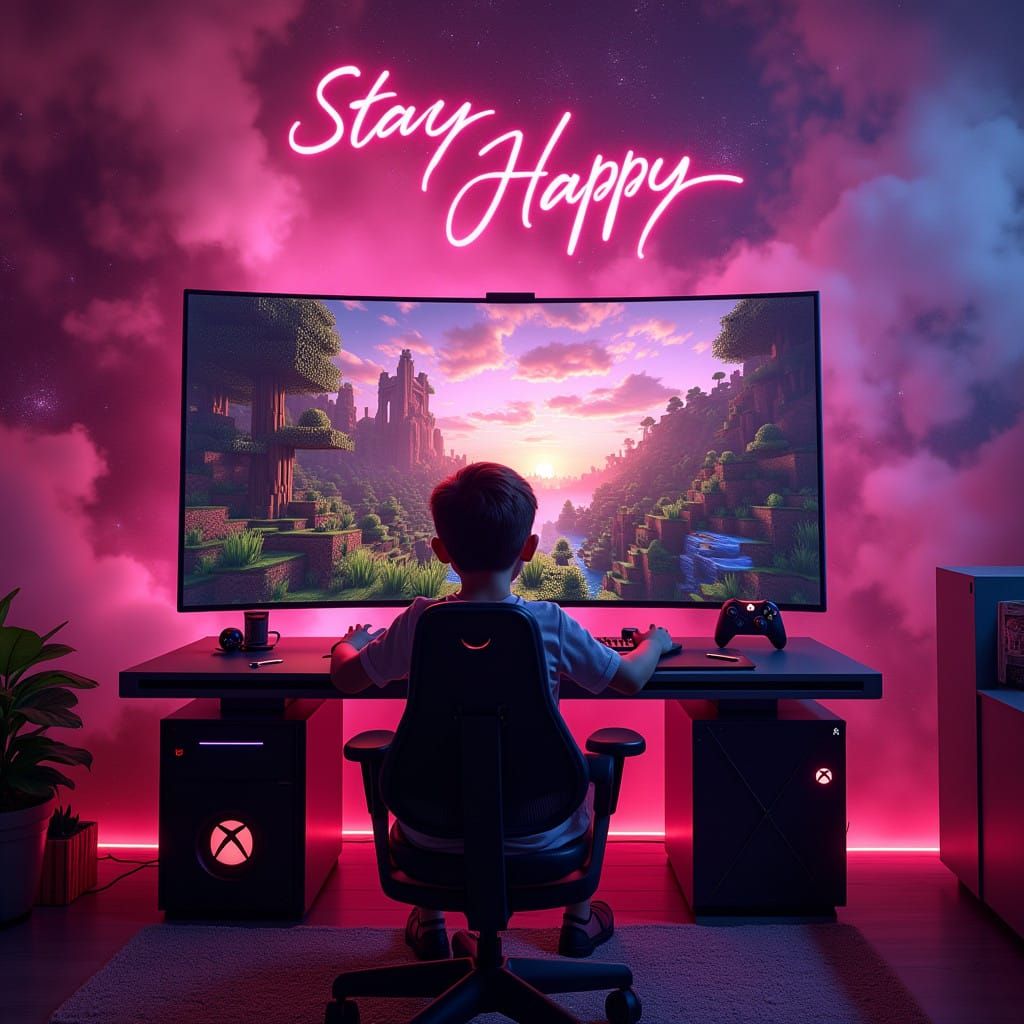 Cyberpunk Gaming Setup in a Vibrant Pink Galaxy