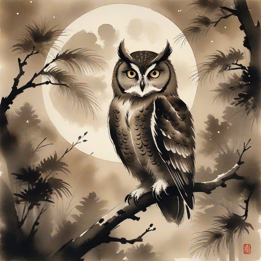Night Owl in Sumi-e Style with Moonlit Forest
