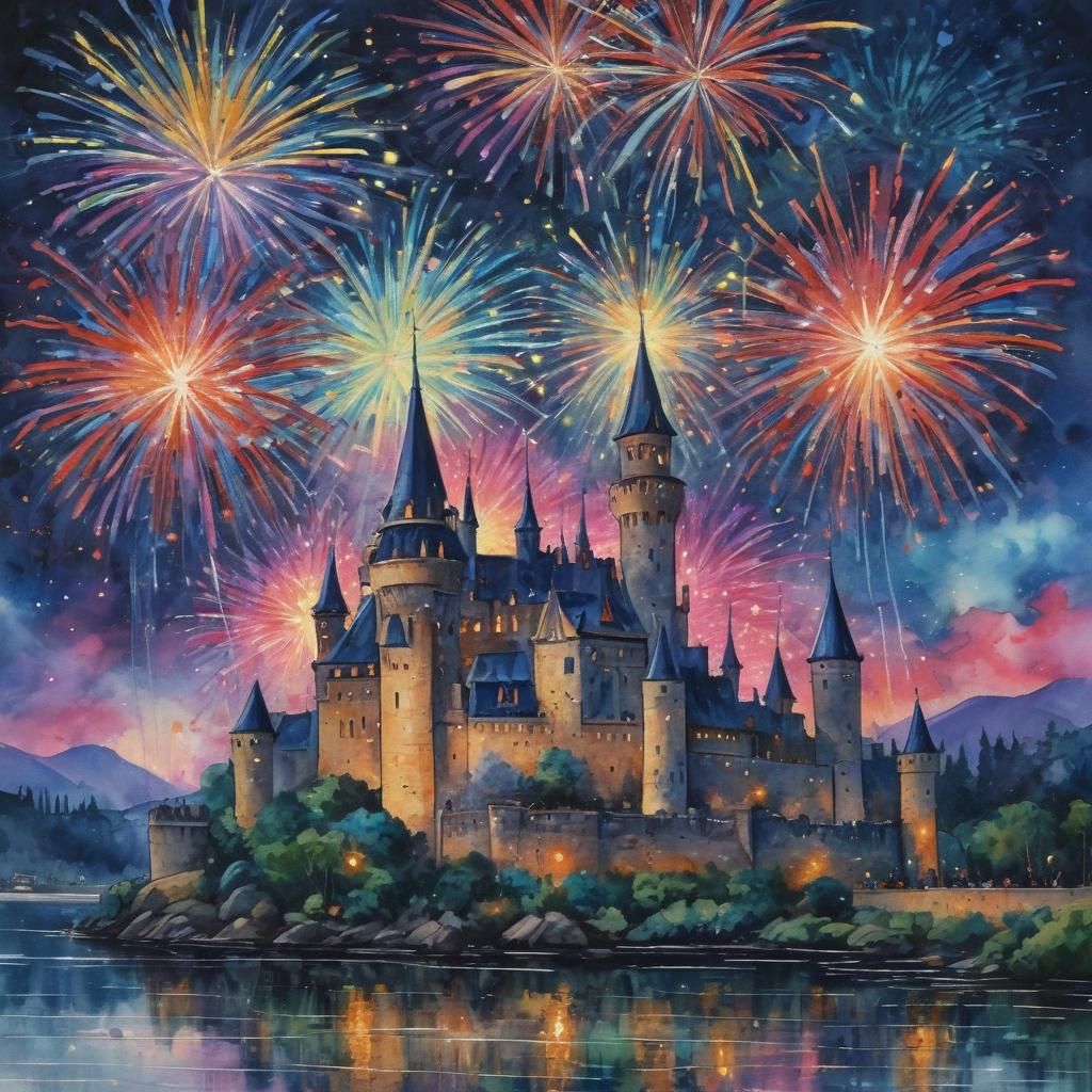 Fireworks Over Castle in Neo-Impressionist Watercolor