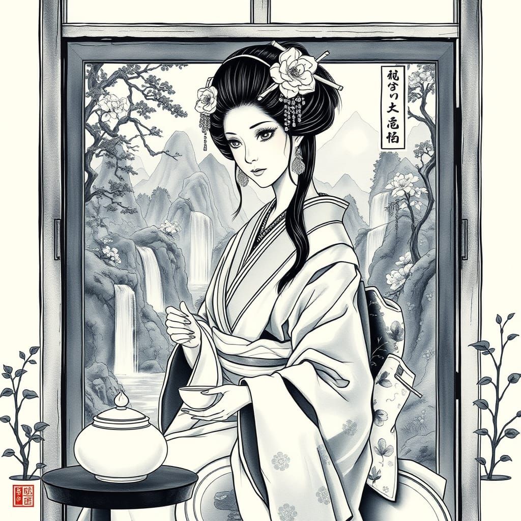 Geisha in Sumi-e Ink Garden Scene