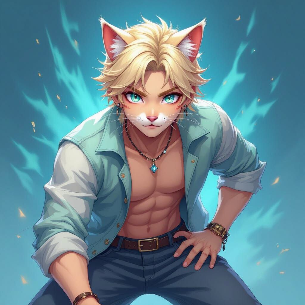 Anime Himbo Mage with Cat Ears in Dynamic Pose