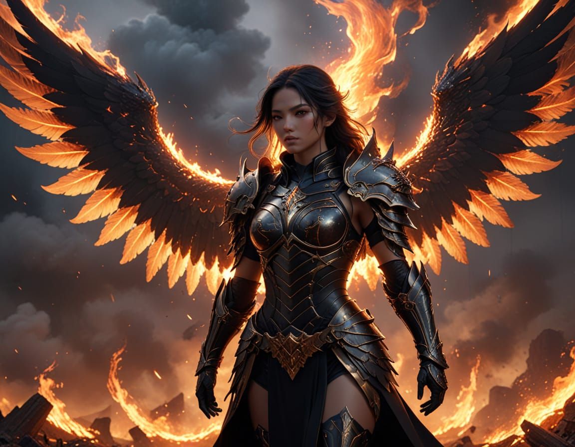 Angel-Demon Nephalem Warrior in Burning Wasteland Landscape