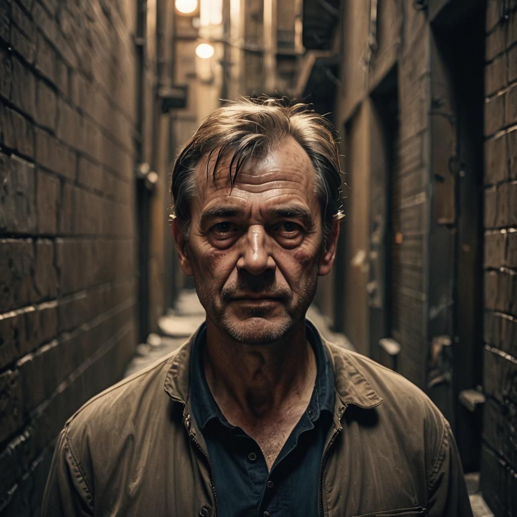 Cinematic Portrait of a Scarred Man in Alleyway