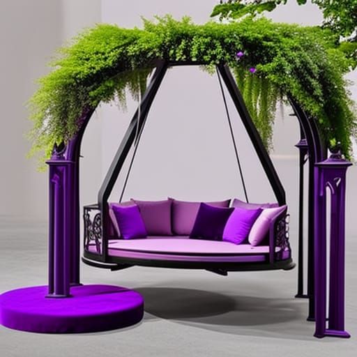 Ethereal purple and Lavender Gothic Round Swing Bed with Pergola Roof and flower Planters& gothic vibes& ethereal vibes&...