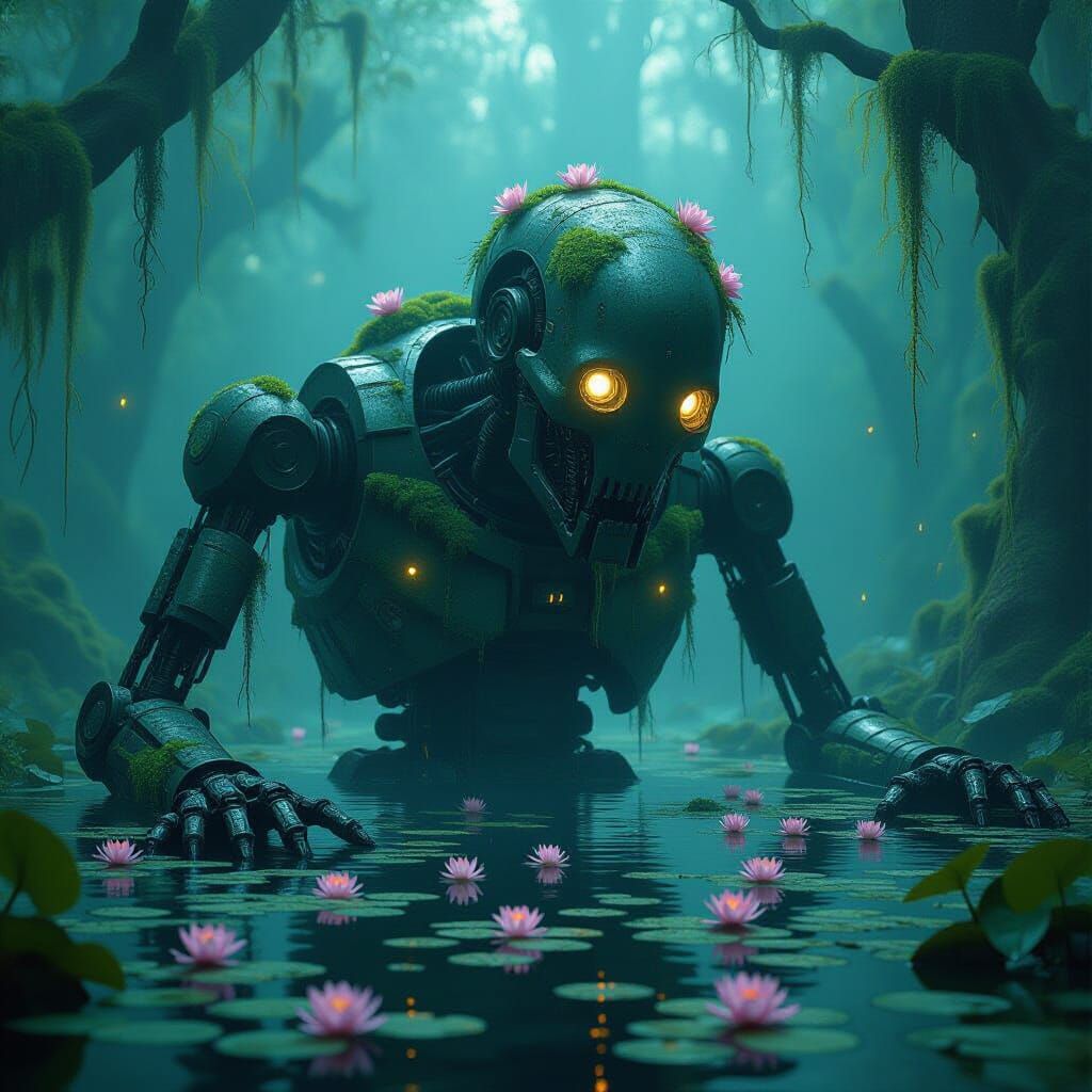 Ancient Automaton in Bioluminescent Swamp