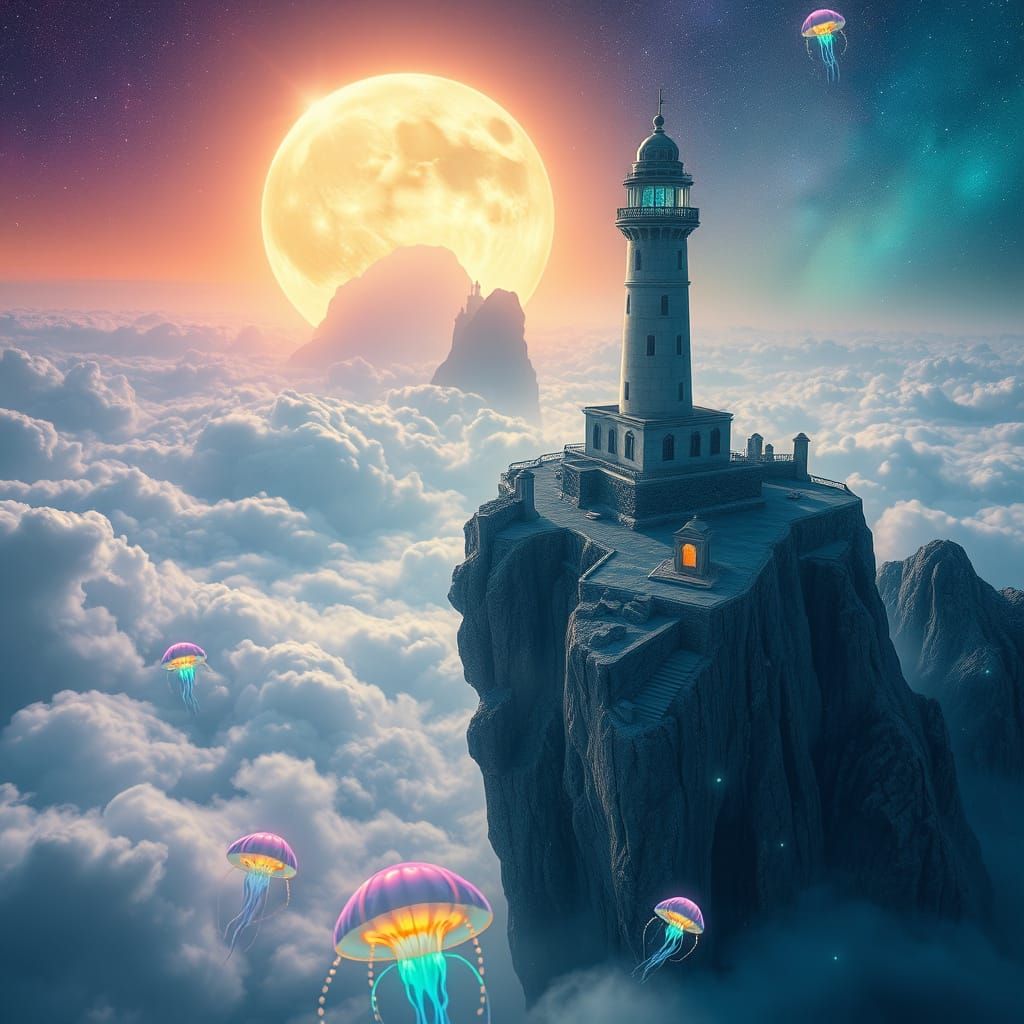 Floating Cliff Lighthouse with Bioluminescent Jellyfish, Fan...