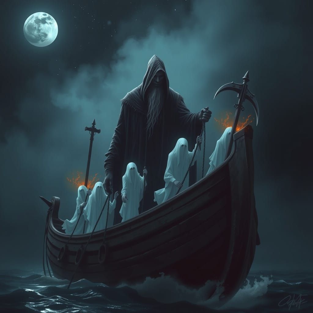 Grim Reaper Guides Ghostly Souls Across the River Styx in a...