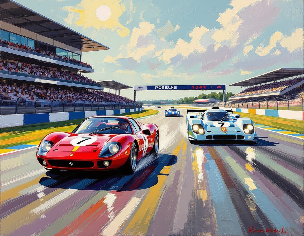 Ferrari Leads at Le Mans: An Acrylic Action Painting