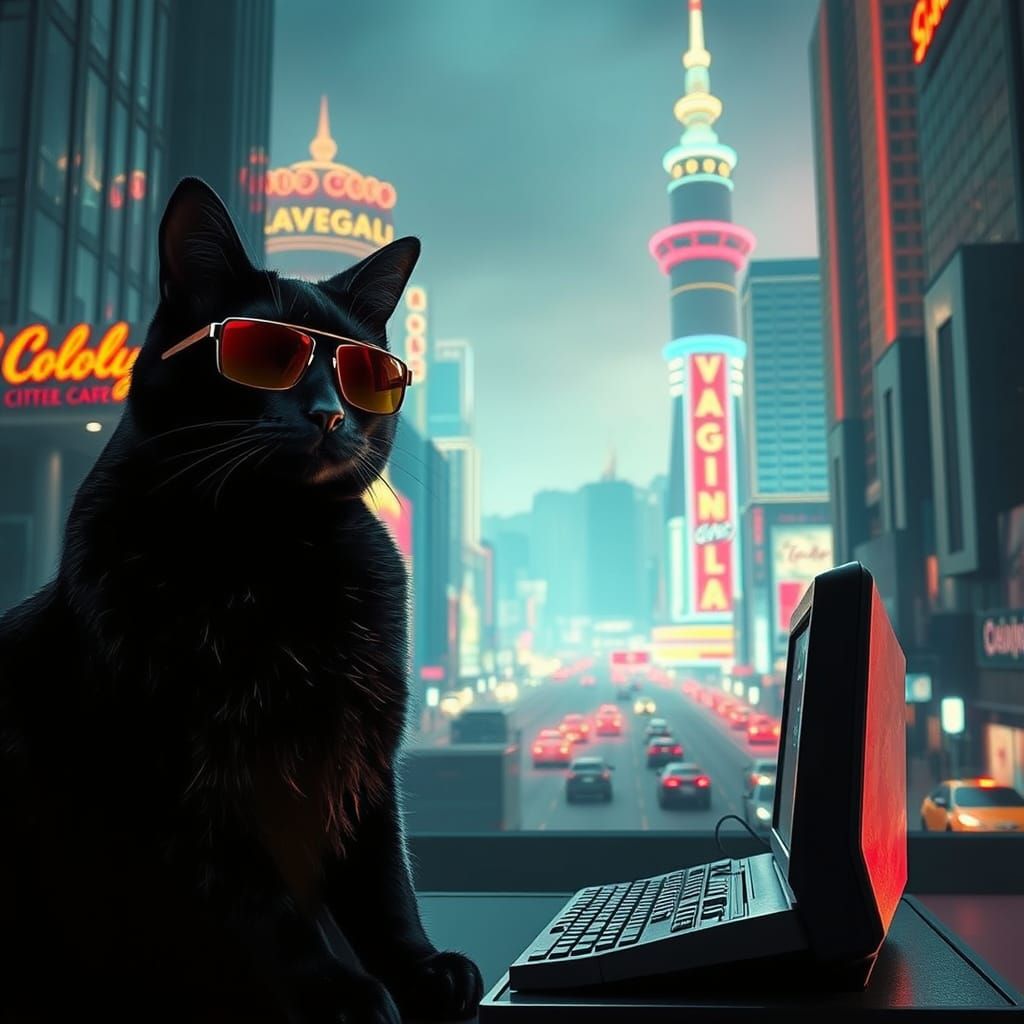 Cyberpunk Feline in Futuristic Neon City