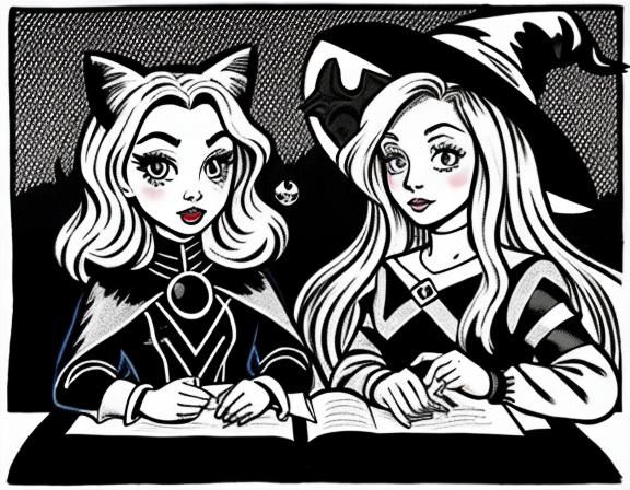 Witch and Cat in Lichtenstein Style Black-Line Art
