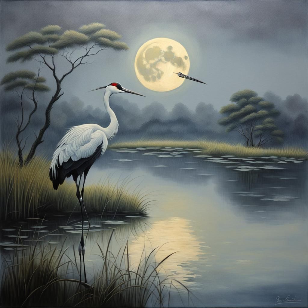 Crane in Misty Pond: An Impasto Oil Painting