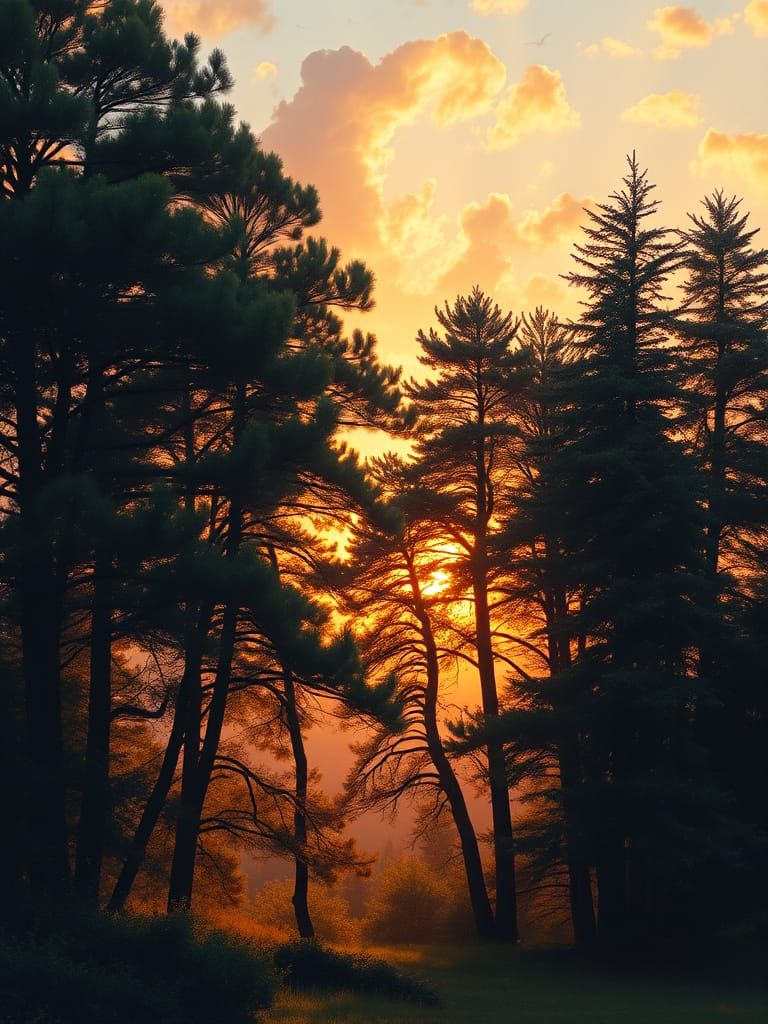 Majestic Sunset Forest in Golden Hues