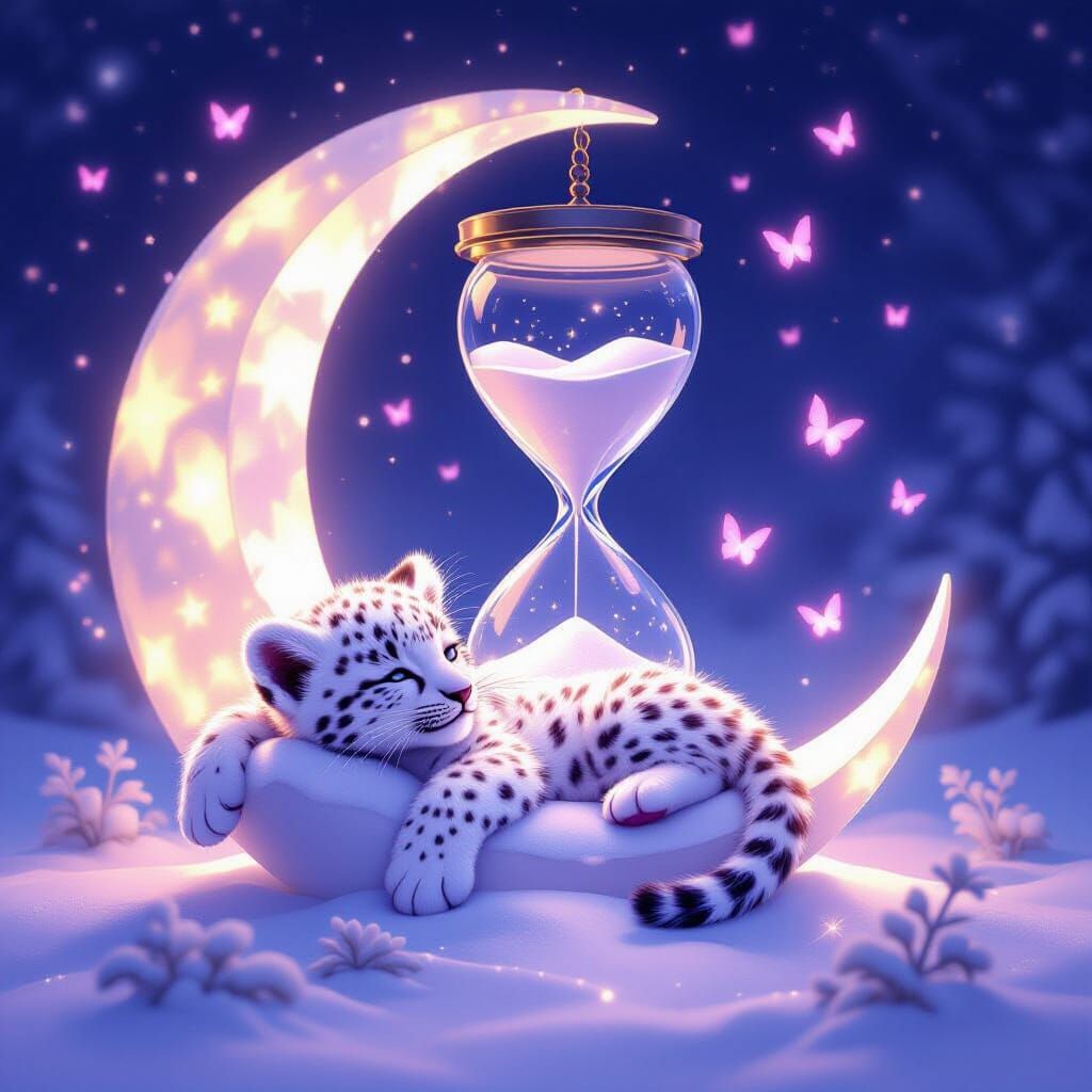 Glowing Leopard Cub on Moon Hourglass