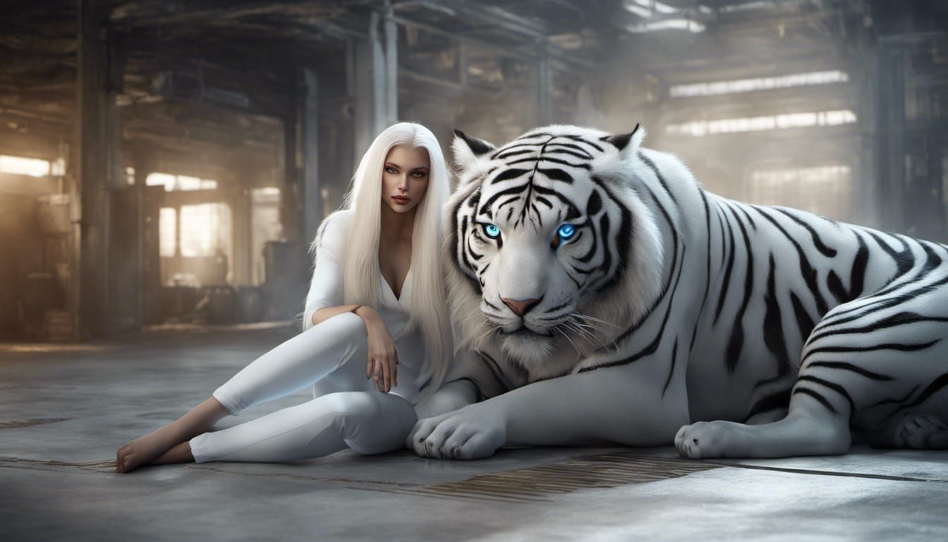 Woman with Tiger in Hangar: Unreal Engine 5