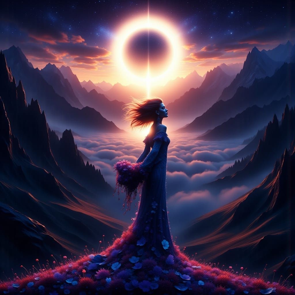 Eclipsed Moon and Woman in Dreamy Landscape