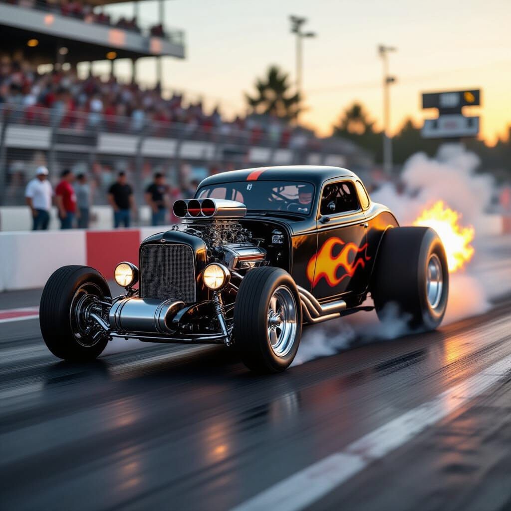 Blown Drag Car Roaring Down Strip in High-Speed Photo