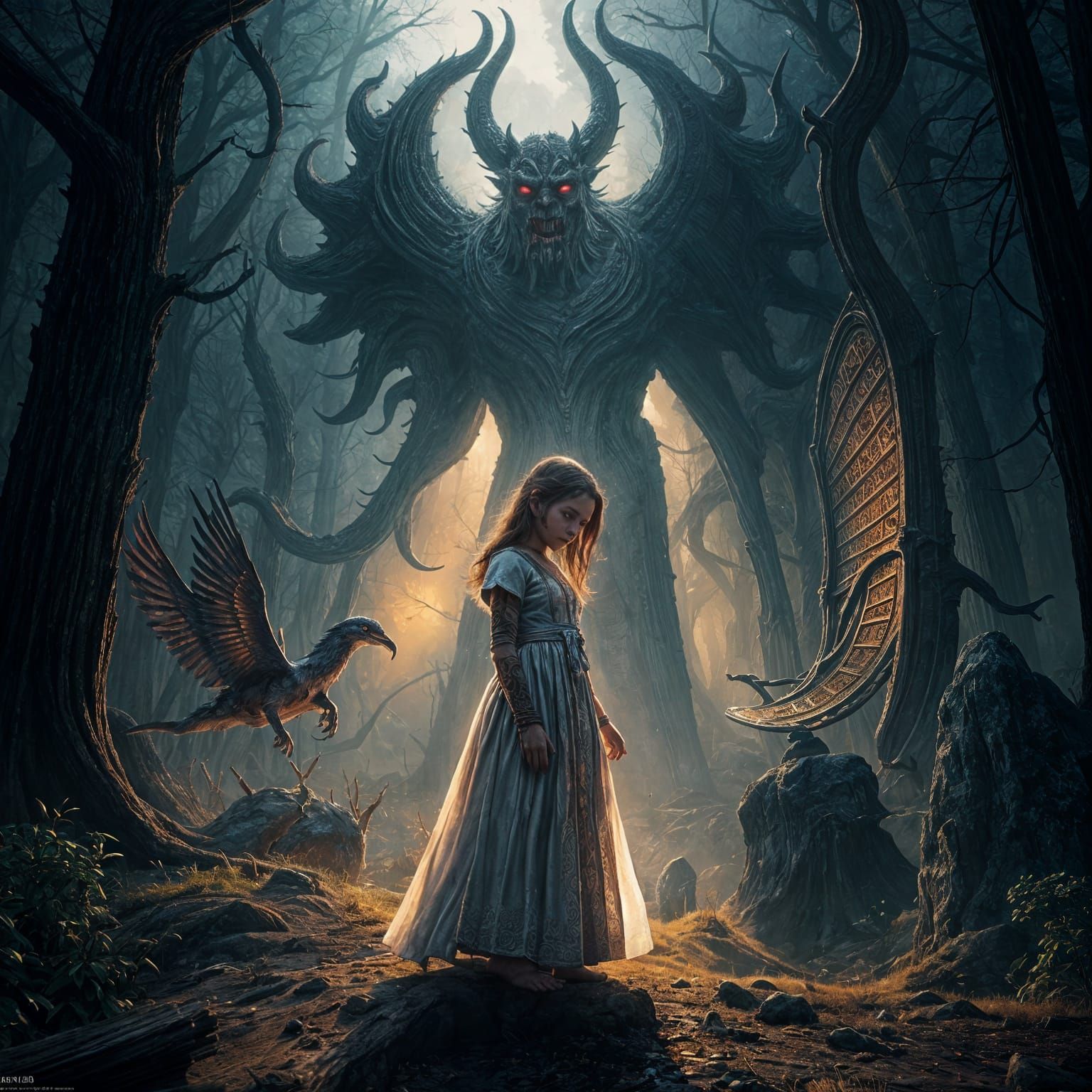 Ancient Evil God Lures Innocent Child in Mystical Woodland