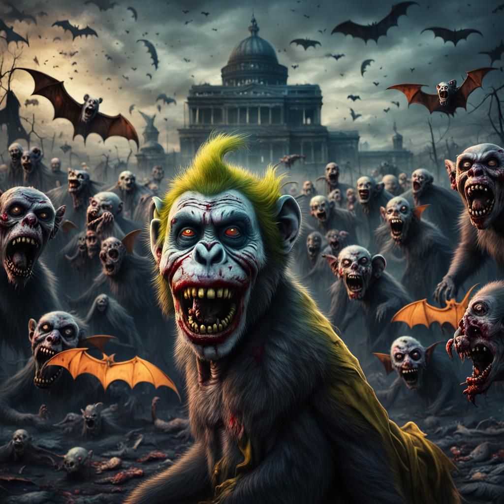 Zombie Monkey Clown With Rabid Bats in Digital Painting