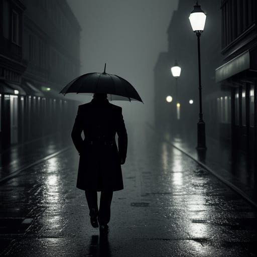 Rainy City Street in Film Noir Style