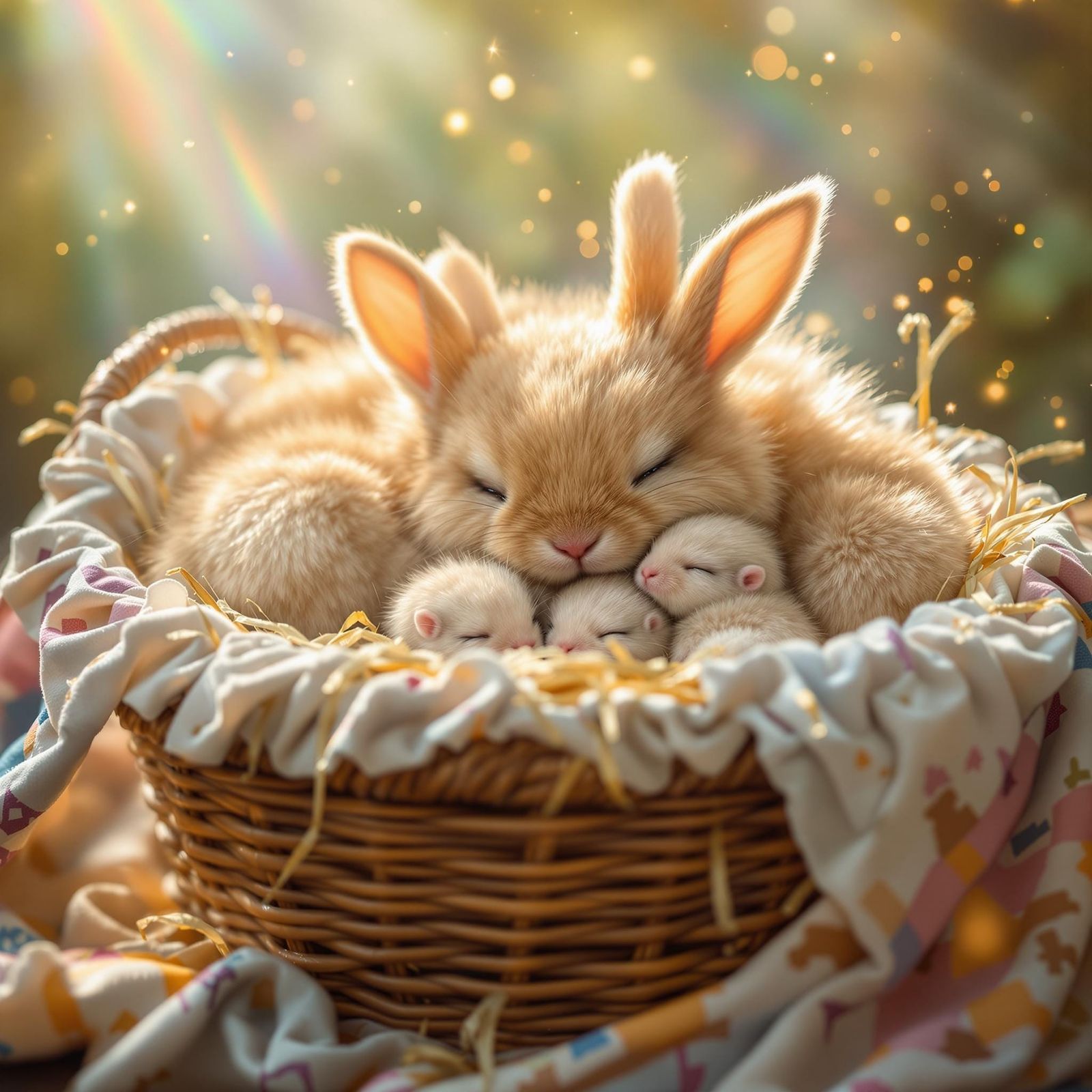 Mother Bunny Nuzzles Her Adorable Fluffy Babies in Cozy Quil...