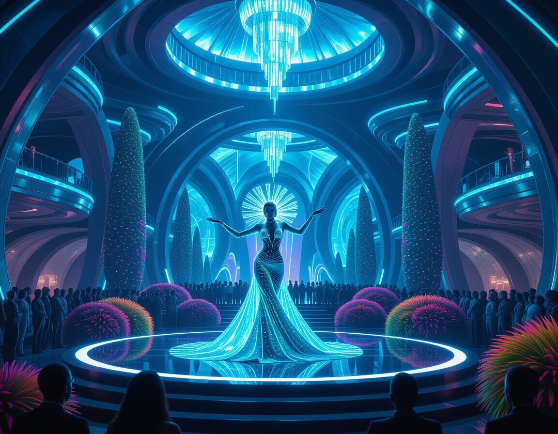 Futuristic Showgirl in Alien Exhibition Hall