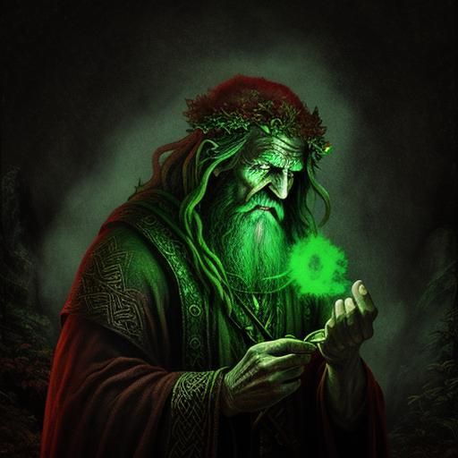 stunning Celtic extremely old druid. Chiaroscuro. Red mood, ...