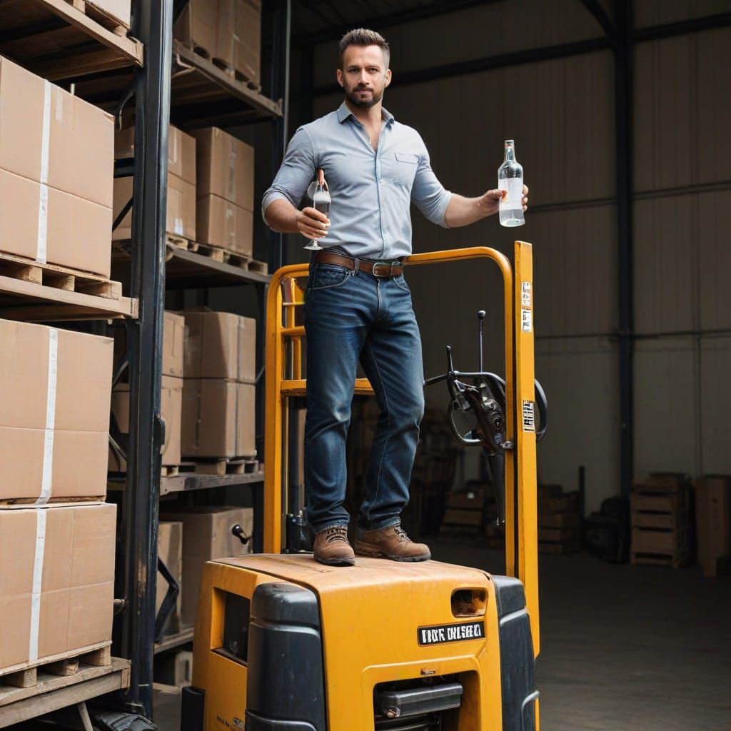 Man on Ladder Atop Forklift Holding Vodka