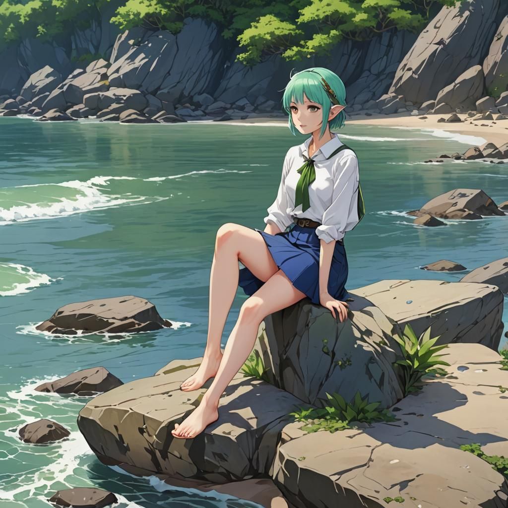 Elven Girl on Shore in Anime Style