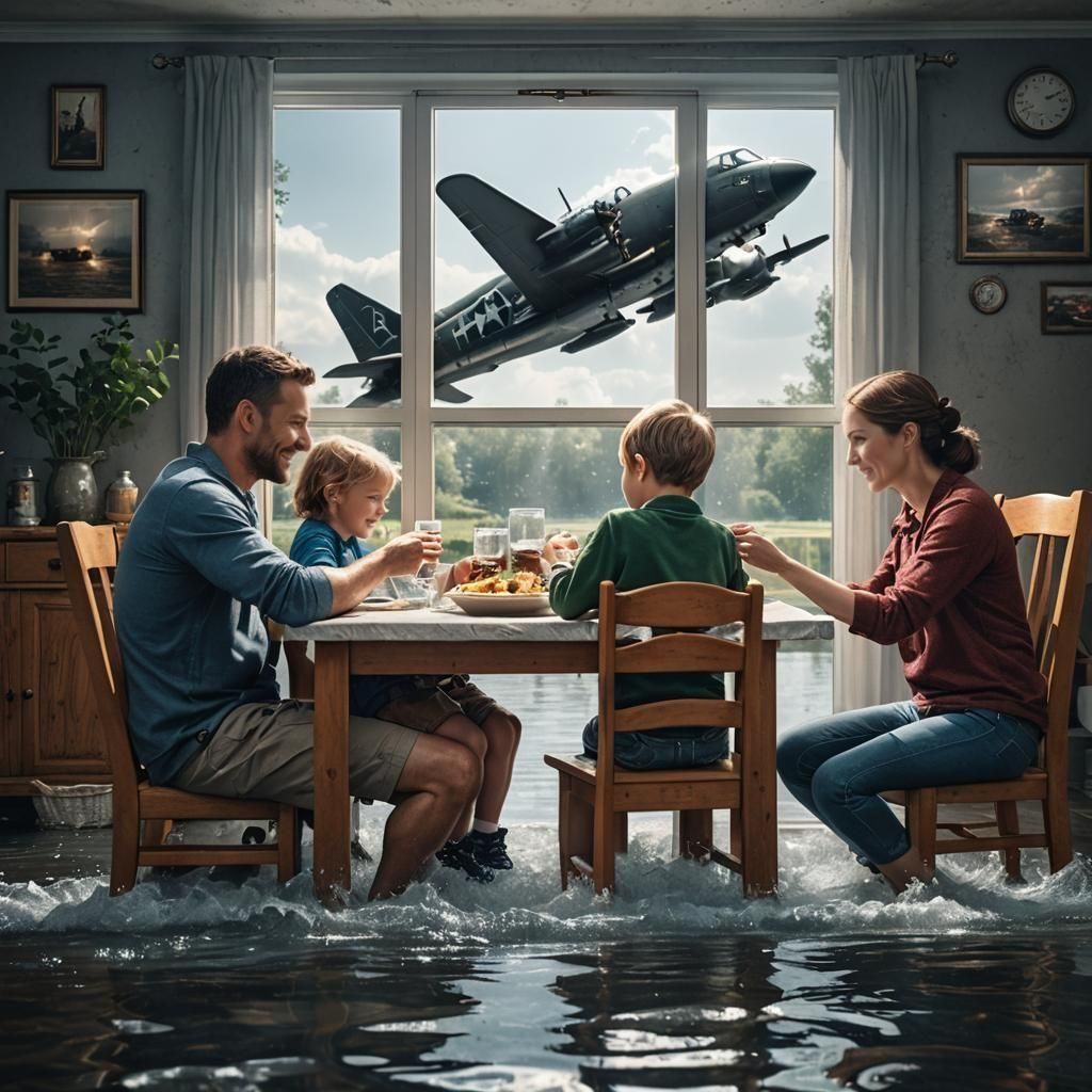 Dystopian Family Meal Amidst War and Flood
