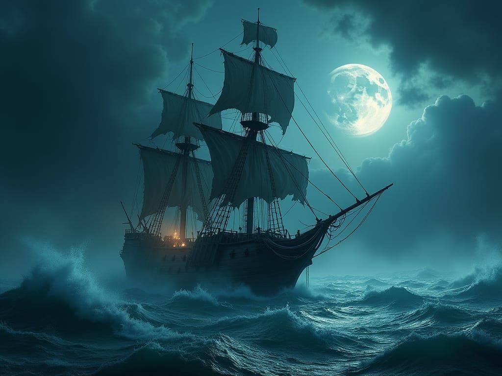 Ghostly Pirate Ship Under Crescent Moon