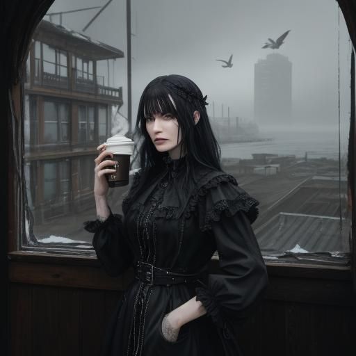 Gothic Model in Coffee Shop with Ravens, Black and White Pho...