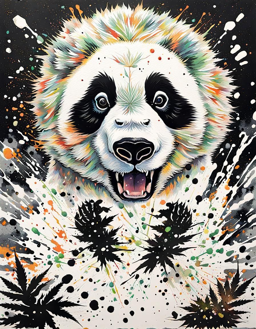 Incoming! Gouache Ganja Exploding Party Panda, karate cannabis Kung fu, Apricot Live Light Splatter Poster art, Brillian...